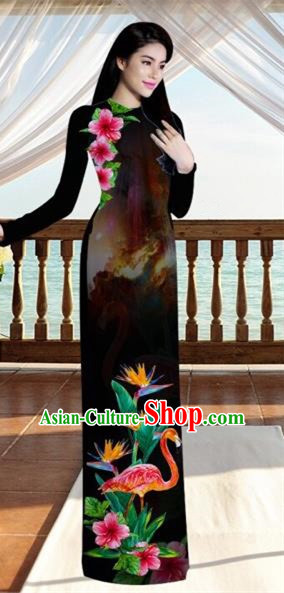 Traditional Top Grade Asian Vietnamese Costumes, Vietnam National Ao Dai Dress Printing Flowers Crane Black Qipao for Women