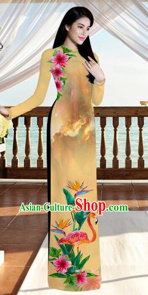 Traditional Top Grade Asian Vietnamese Costumes, Vietnam National Ao Dai Dress Printing Flowers Crane Khaki Qipao for Women
