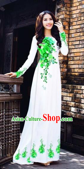Traditional Top Grade Asian Vietnamese Costumes Dance Dress, Vietnam National Women Ao Dai Dress Printing Green Flowers White Cheongsam Clothing