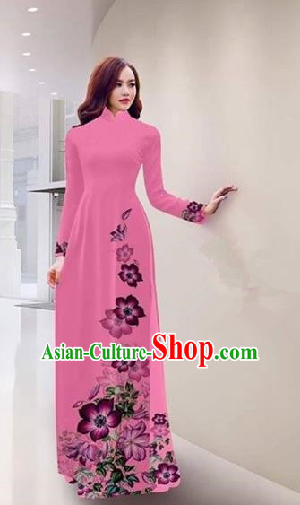 Traditional Top Grade Asian Vietnamese Costumes Handmade Printing Pink Full Dress, Vietnam National Ao Dai Dress Qipao for Women
