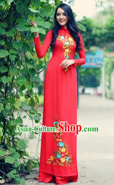Traditional Top Grade Asian Vietnamese Costumes Handmade Embroidery Red Pleuche Full Dress, Vietnam National Ao Dai Dress Qipao for Women