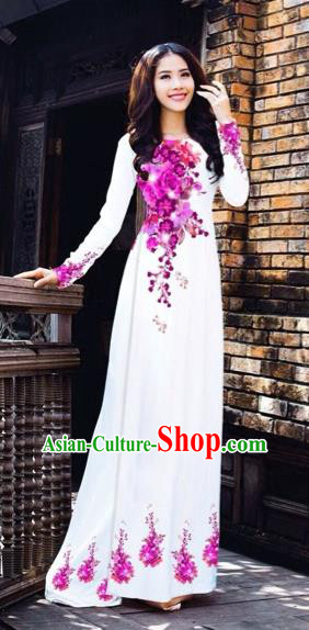 Traditional Top Grade Asian Vietnamese Costumes Dance Dress, Vietnam National Women Ao Dai Dress Printing Pink Flowers White Cheongsam Clothing