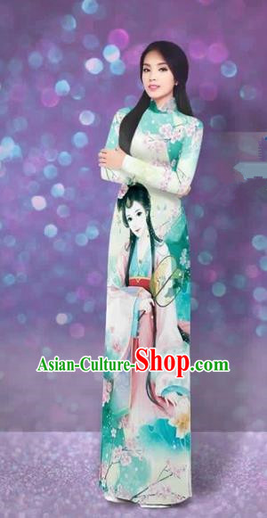 Traditional Top Grade Asian Vietnamese Costumes Classical Handmade Printing Full Dress and Pants, Vietnam National Ao Dai Dress Etiquette Qipao for Women