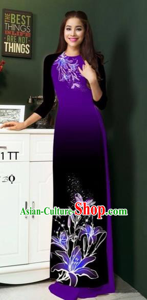 Traditional Top Grade Asian Vietnamese Costumes Classical Printing Greenish Lily Flowers Full Dress, Vietnam National Ao Dai Dress Purple Etiquette Qipao for Women