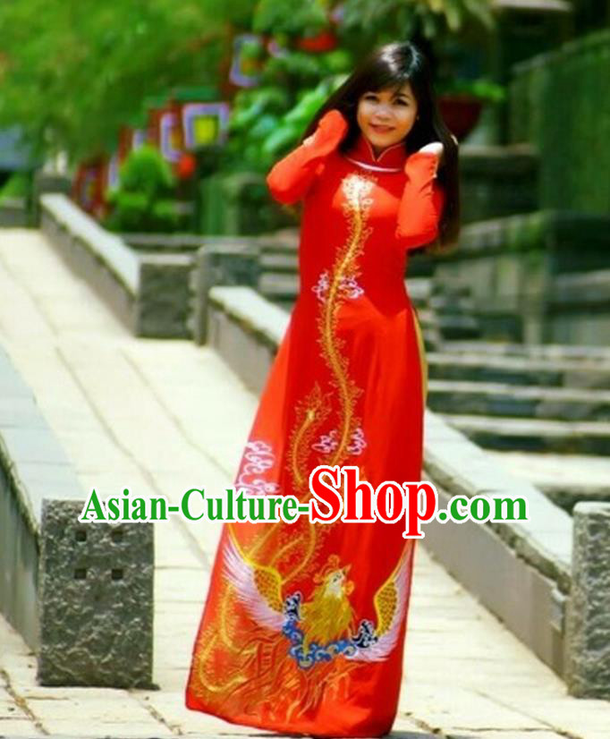 Traditional Top Grade Asian Vietnamese Costumes Classical Printing Phoenix Pattern Full Dress, Vietnam National Ao Dai Dress Wedding Etiquette Qipao for Women