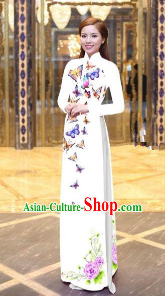 Traditional Top Grade Asian Vietnamese Costumes Classical Printing Butterfly Pattern Full Dress, Vietnam National Ao Dai Dress White Etiquette Qipao for Women