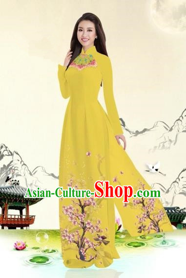 Traditional Top Grade Asian Vietnamese Costumes Classical Plum Blossom Pattern Full Dress, Vietnam National Ao Dai Dress Yellow Etiquette Qipao for Women