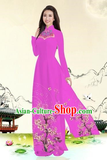 Traditional Top Grade Asian Vietnamese Costumes Classical Plum Blossom Pattern Full Dress, Vietnam National Ao Dai Dress Rosy Etiquette Qipao for Women
