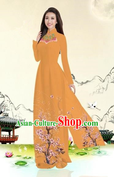 Traditional Top Grade Asian Vietnamese Costumes Classical Plum Blossom Pattern Full Dress, Vietnam National Ao Dai Dress Ginger Etiquette Qipao for Women