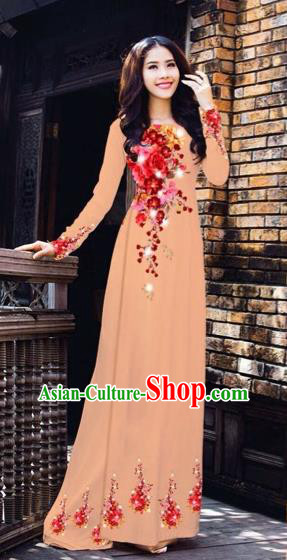 Traditional Top Grade Asian Vietnamese Costumes Dance Dress, Vietnam National Women Ao Dai Dress Printing Flowers Cheongsam Clothing