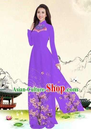 Traditional Top Grade Asian Vietnamese Costumes Classical Plum Blossom Pattern Full Dress, Vietnam National Ao Dai Dress Modena Etiquette Qipao for Women