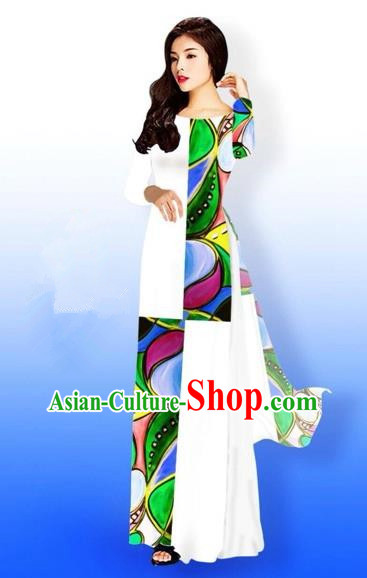 Traditional Top Grade Asian Vietnamese Costumes Classical Green Printing Full Dress, Vietnam National Ao Dai Dress Bride White Qipao for Women