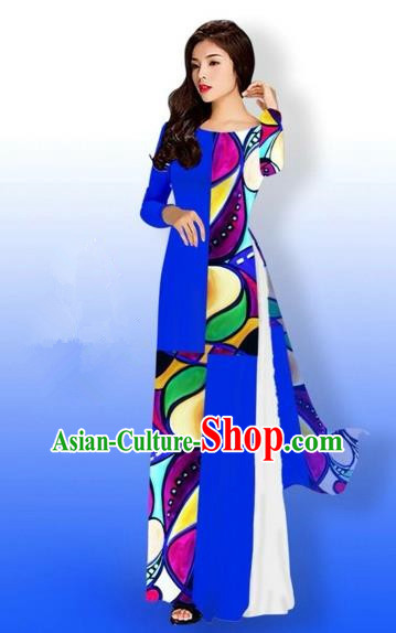 Traditional Top Grade Asian Vietnamese Costumes Classical Printing Full Dress, Vietnam National Ao Dai Dress Bride Royalblue Qipao for Women