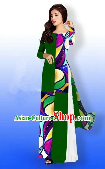 Traditional Top Grade Asian Vietnamese Costumes Classical Printing Full Dress, Vietnam National Ao Dai Dress Bride Green Qipao for Women
