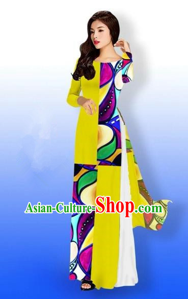 Traditional Top Grade Asian Vietnamese Costumes Classical Printing Full Dress, Vietnam National Ao Dai Dress Bride Yellow Qipao for Women