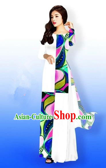 Traditional Top Grade Asian Vietnamese Costumes Classical Printing Full Dress, Vietnam National Ao Dai Dress Bride Qipao for Women