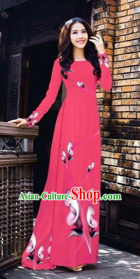 Traditional Top Grade Asian Vietnamese Costumes Classical Printing Flowers Pattern Full Dress, Vietnam National Ao Dai Dress Rosy Etiquette Qipao for Women