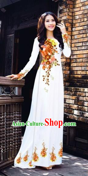 Traditional Top Grade Asian Vietnamese Costumes Dance Dress, Vietnam National Women Ao Dai Dress Printing Flowers White Cheongsam Clothing