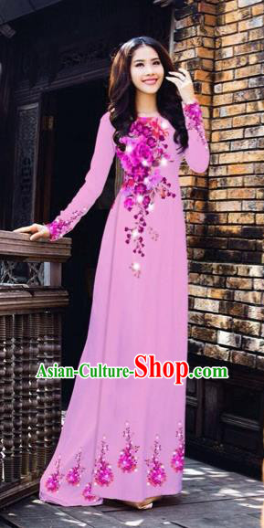 Traditional Top Grade Asian Vietnamese Costumes Dance Dress, Vietnam National Women Ao Dai Dress Printing Flowers Pink Cheongsam Clothing