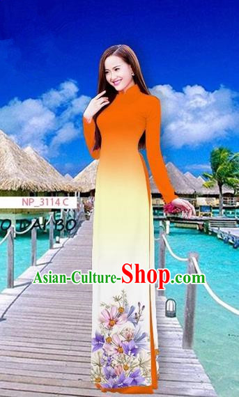 Traditional Top Grade Asian Vietnamese Costumes Full Dress, Vietnam National Ao Dai Dress Printing Flowers Orange Stand Collar Qipao for Women