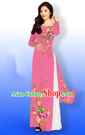 Traditional Top Grade Asian Vietnamese Costumes Full Dress, Vietnam National Ao Dai Dress Printing Rose Flowers Watermelon Red Qipao for Women