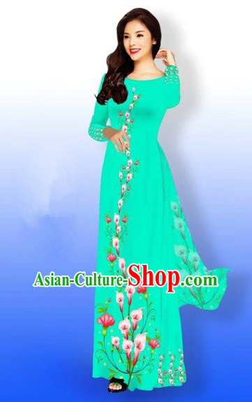Traditional Top Grade Asian Vietnamese Costumes Full Dress, Vietnam National Ao Dai Dress Printing Green Qipao for Women