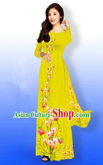 Traditional Top Grade Asian Vietnamese Costumes Full Dress, Vietnam National Ao Dai Dress Printing Flowers Yellow Qipao for Women