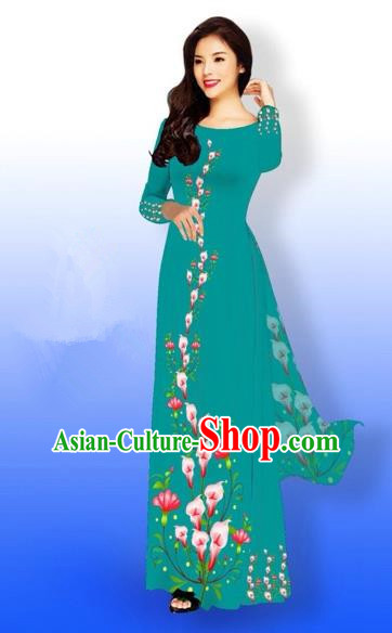 Traditional Top Grade Asian Vietnamese Costumes Full Dress, Vietnam National Ao Dai Dress Printing Flowers Peacock Green Qipao for Women