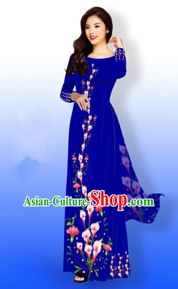 Traditional Top Grade Asian Vietnamese Costumes Full Dress, Vietnam National Ao Dai Dress Printing Flowers Royalblue Qipao for Women