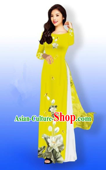 Traditional Top Grade Asian Vietnamese Costumes Full Dress, Vietnam National Ao Dai Dress Printing Flowers Round Collar Yellow Qipao for Women