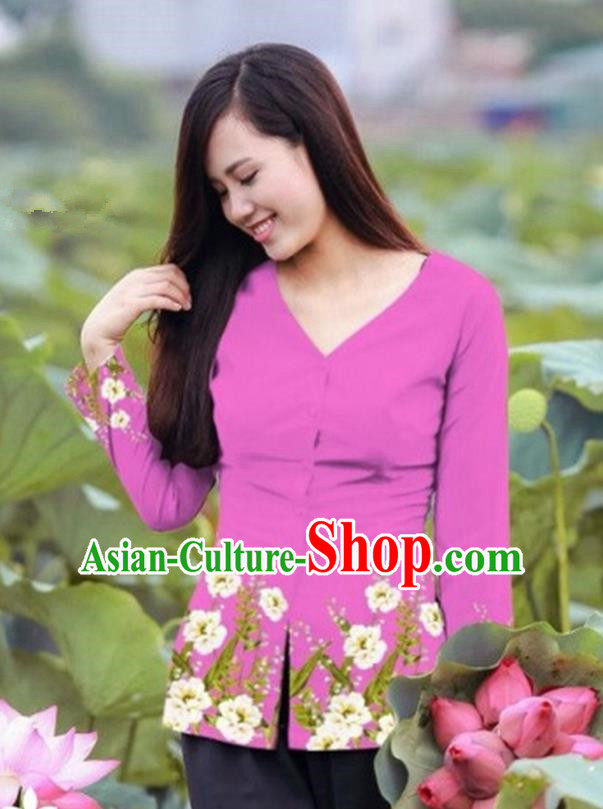 Traditional Top Grade Asian Vietnamese Costumes, Vietnam National Ao Dai Printing Pink Blouse for Women