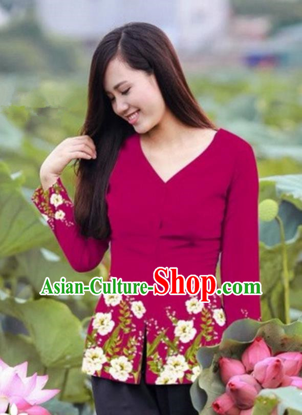 Traditional Top Grade Asian Vietnamese Costumes, Vietnam National Ao Dai Printing Wine Red Blouse for Women