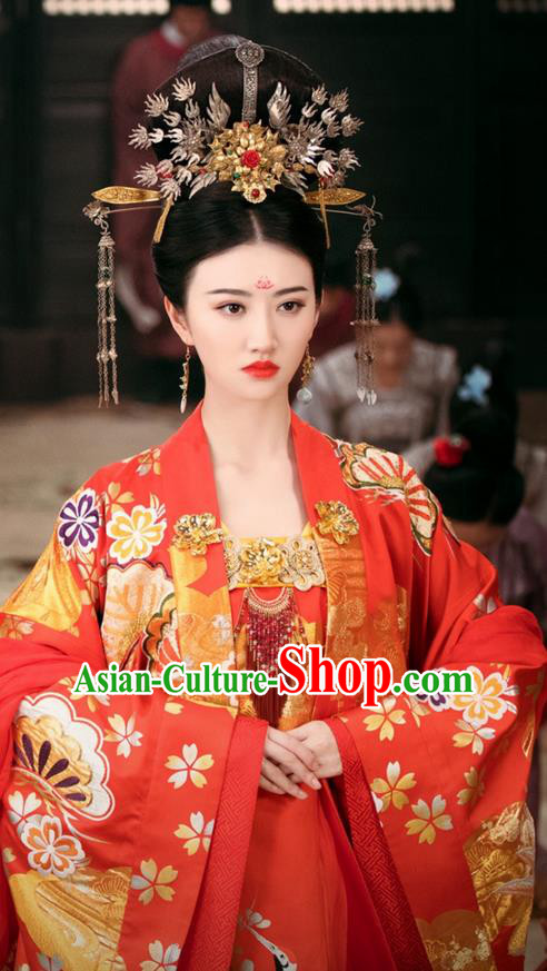 Traditional Chinese Ancient Princess Wedding Costumes and Phoenix Coronet Handmade Headpiece Complete Set, The Glory of Tang Dynasty Bride Trailing Dress Clothing for Women