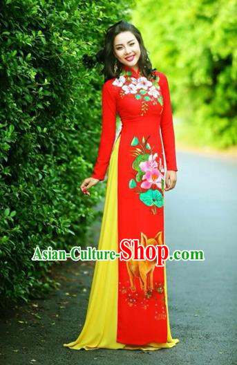 Traditional Top Grade Asian Vietnamese Costumes Classical Printing Wedding Full Dress, Vietnam National Ao Dai Dress Chinese Zodiac Pig Red Qipao for Women
