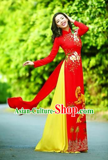 Traditional Top Grade Asian Vietnamese Costumes Classical Printing Wedding Full Dress, Vietnam National Ao Dai Dress Chinese Zodiac Dog Red Qipao for Women