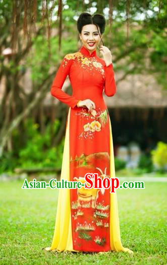 Traditional Top Grade Asian Vietnamese Costumes Classical Printing Wedding Full Dress, Vietnam National Ao Dai Dress Chinese Zodiac Sheep Red Qipao for Women
