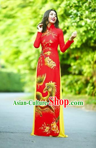 Traditional Top Grade Asian Vietnamese Costumes Classical Printing Wedding Full Dress, Vietnam National Ao Dai Dress Chinese Zodiac Horse Red Qipao for Women