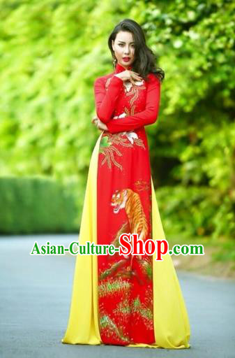 Traditional Top Grade Asian Vietnamese Costumes Classical Printing Wedding Full Dress, Vietnam National Ao Dai Dress Chinese Zodiac Tiger Red Qipao for Women