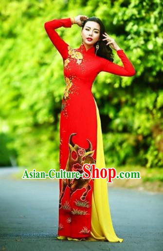 Traditional Top Grade Asian Vietnamese Costumes Classical Printing Wedding Full Dress, Vietnam National Ao Dai Dress Chinese Zodiac Ox Red Qipao for Women
