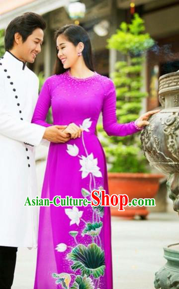 Traditional Top Grade Asian Vietnamese Costumes Classical Printing Wedding Full Dress, Vietnam National Ao Dai Dress Rosy Bride Qipao for Women