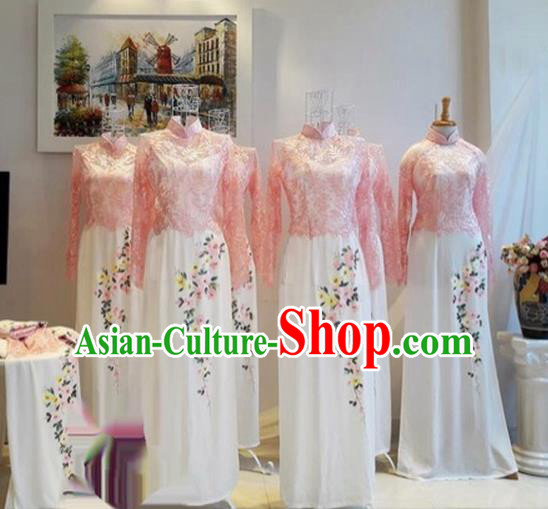 Traditional Top Grade Asian Vietnamese Costumes Classical Printing Lace Full Dress, Vietnam National Ao Dai Dress Catwalks Bridesmaid Pink Qipao for Women