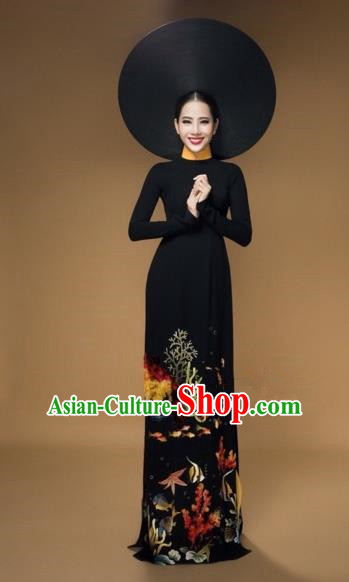 Traditional Top Grade Asian Vietnamese Costumes Classical Printing Full Dress, Vietnam National Ao Dai Dress Catwalks Bride Black Qipao for Women