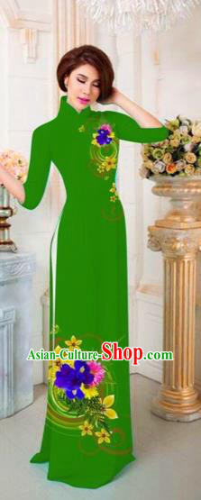 Traditional Top Grade Asian Vietnamese Costumes Classical Printing Flowers Full Dress, Vietnam National Ao Dai Dress Catwalks Princess Green Qipao for Women