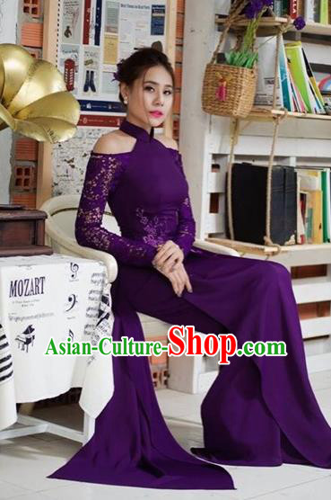 Traditional Top Grade Asian Vietnamese Costumes Classical Full Dress, Vietnam National Ao Dai Dress Catwalks Purple Lace Qipao for Women