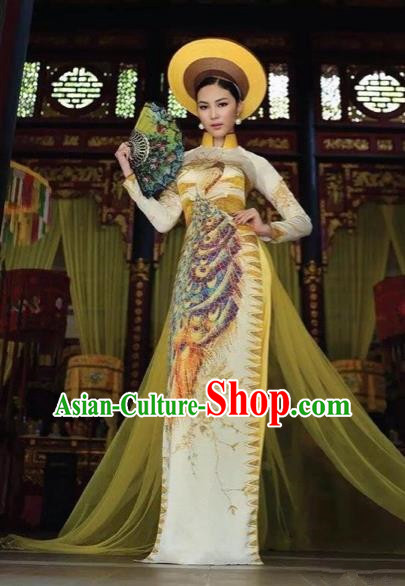 Traditional Top Grade Asian Vietnamese Costumes Classical Printing Peacock Full Dress, Vietnam National Ao Dai Dress Catwalks Princess Ginger Qipao for Women