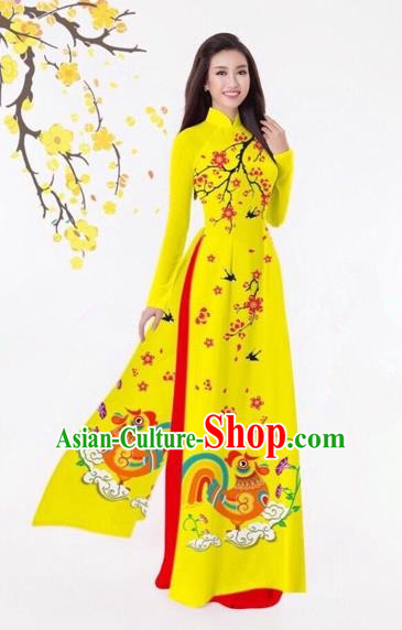 Traditional Top Grade Asian Vietnamese Costumes Classical Printing Yellow Full Dress, Vietnam National Ao Dai Dress Catwalks Debutante Qipao for Women