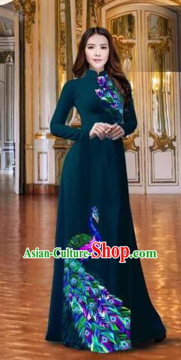 Traditional Top Grade Asian Vietnamese Costumes Classical Printing Peacock Atrovirens Full Dress, Vietnam National Ao Dai Dress Catwalks Debutante Qipao for Women