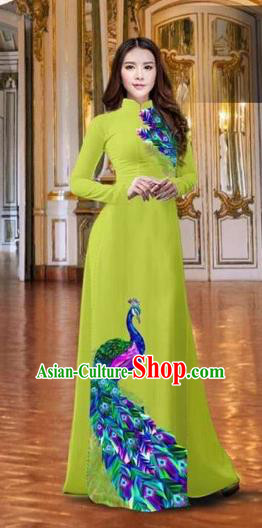 Traditional Top Grade Asian Vietnamese Costumes Classical Printing Peacock Kelly Full Dress, Vietnam National Ao Dai Dress Catwalks Debutante Qipao for Women