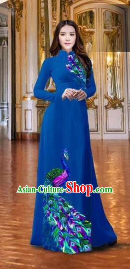 Traditional Top Grade Asian Vietnamese Costumes Classical Printing Peacock Blue Full Dress, Vietnam National Ao Dai Dress Catwalks Debutante Qipao for Women