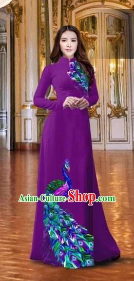 Traditional Top Grade Asian Vietnamese Costumes Classical Printing Peacock Purple Full Dress, Vietnam National Ao Dai Dress Catwalks Debutante Qipao for Women